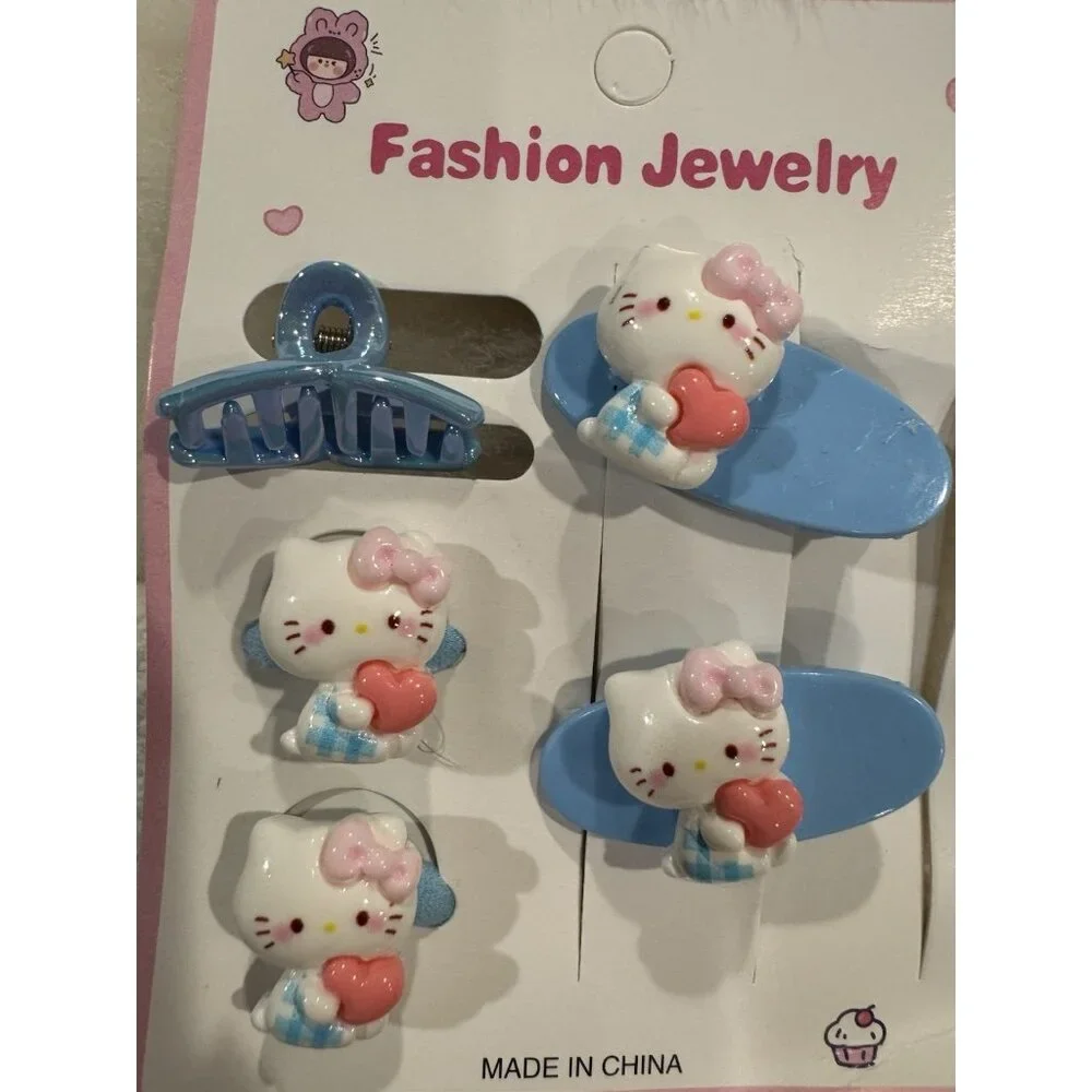Hello Kitty Fashion Colorful Blue Pink Hearts Barrette Hair Clip for Girls 5 PC